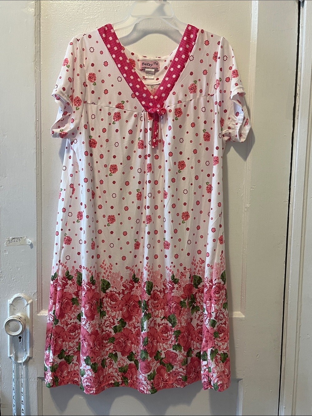 Betsy TW Pink Floral Nightgown with Polka Dot Trim
